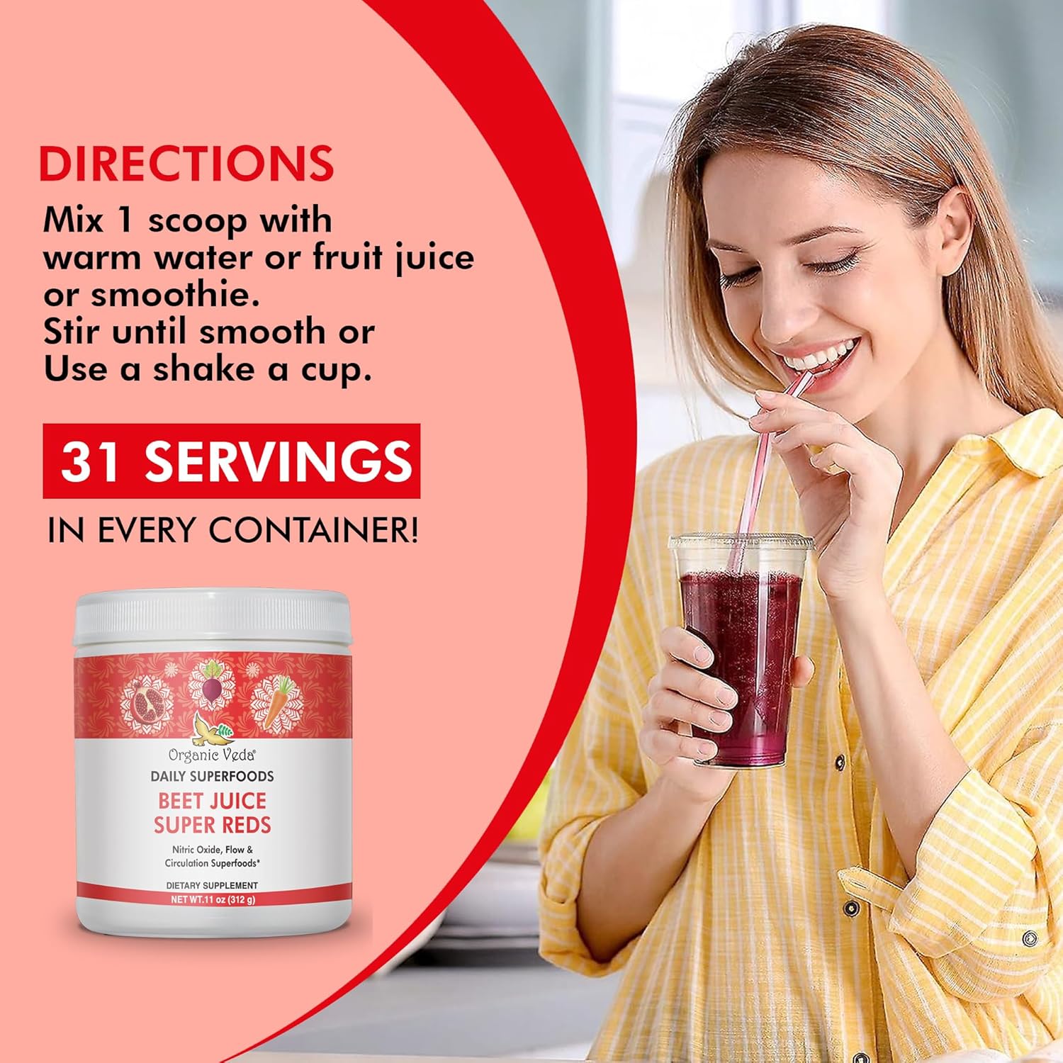 Organic Veda Beet Root Powder Juice Supplement for Circulation, Energy, and Stamina - Superfood Reds with Nitric Oxide - Vegan, Non-GMO - 11 oz