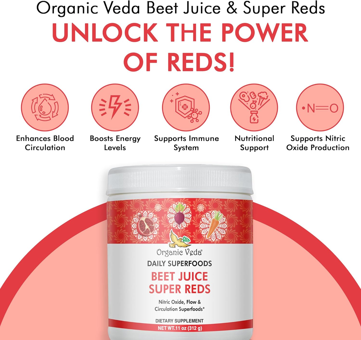 Organic Veda Beet Root Powder Juice Supplement for Circulation, Energy, and Stamina - Superfood Reds with Nitric Oxide - Vegan, Non-GMO - 11 oz