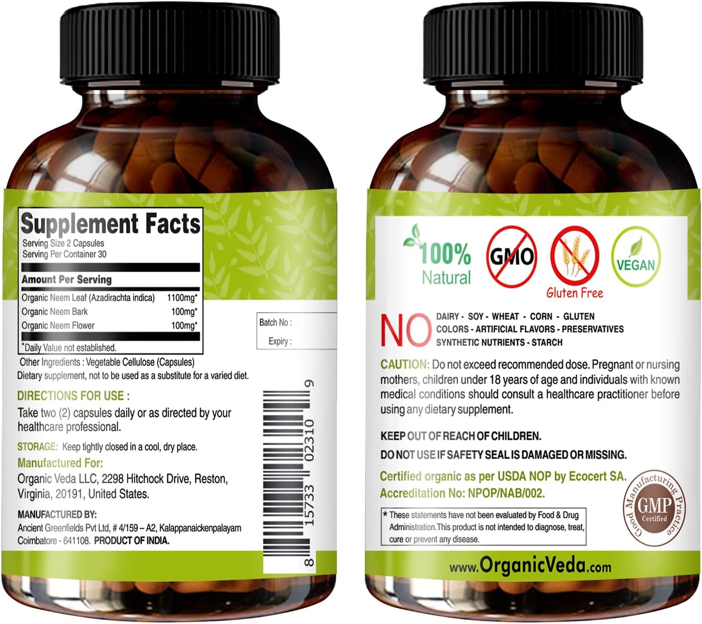 Organic Veda Neem Capsules - Triple Complex Extract for Immunity, Digestion, Skin Health - Herbal Supplement (60 Count)