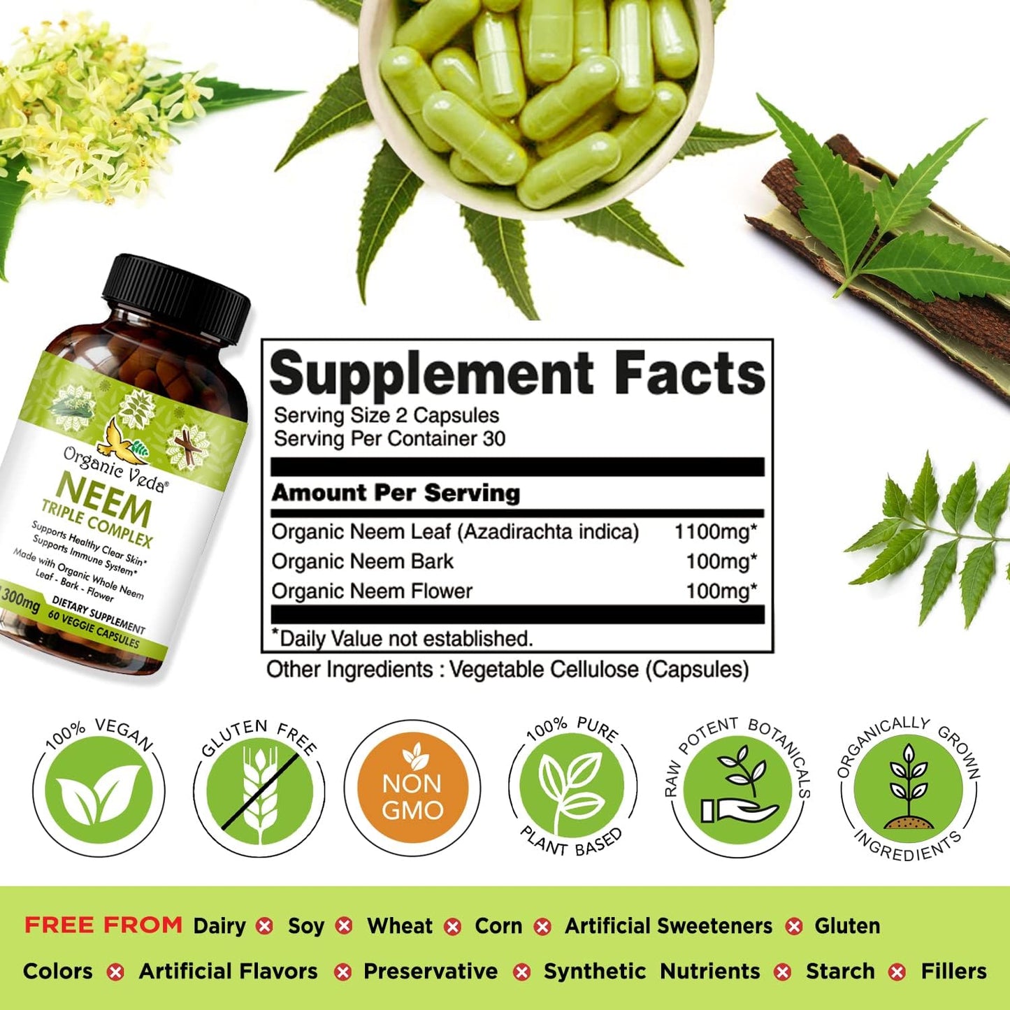Organic Veda Neem Capsules - Triple Complex Extract for Immunity, Digestion, Skin Health - Herbal Supplement (60 Count)