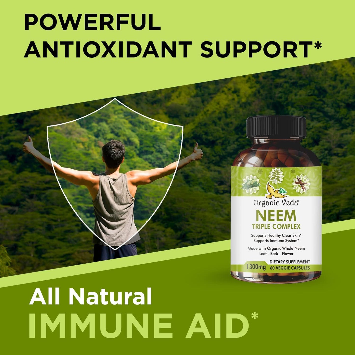 Organic Veda Neem Capsules - Triple Complex Extract for Immunity, Digestion, Skin Health - Herbal Supplement (60 Count)