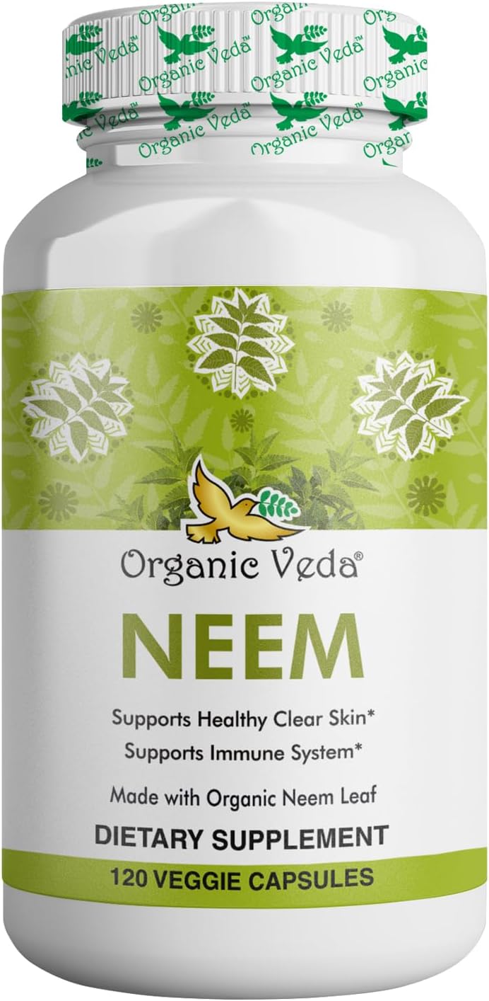 Organic Veda Neem Capsules 1000mg - Ayurvedic Herbal Supplement for Skin, Immune Support, Detox - 120 Veg Capsules
