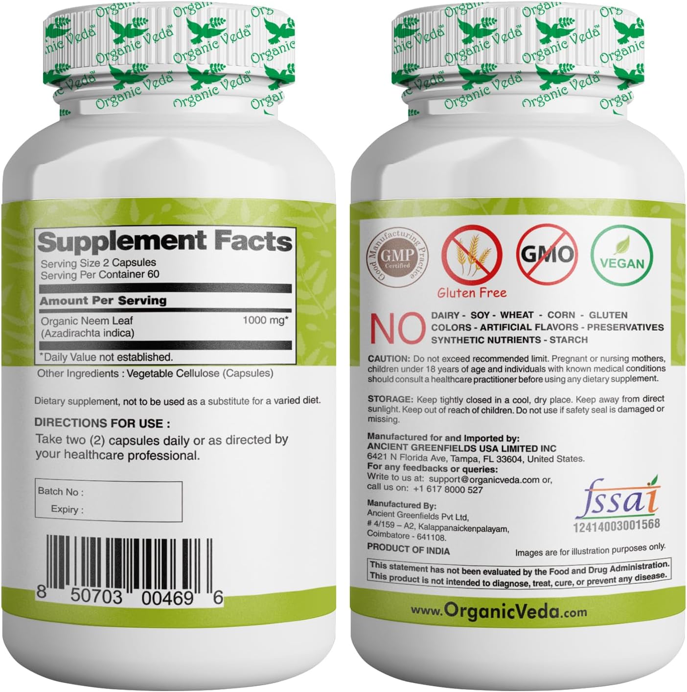 Organic Veda Neem Capsules 1000mg - Ayurvedic Herbal Supplement for Skin, Immune Support, Detox - 120 Veg Capsules