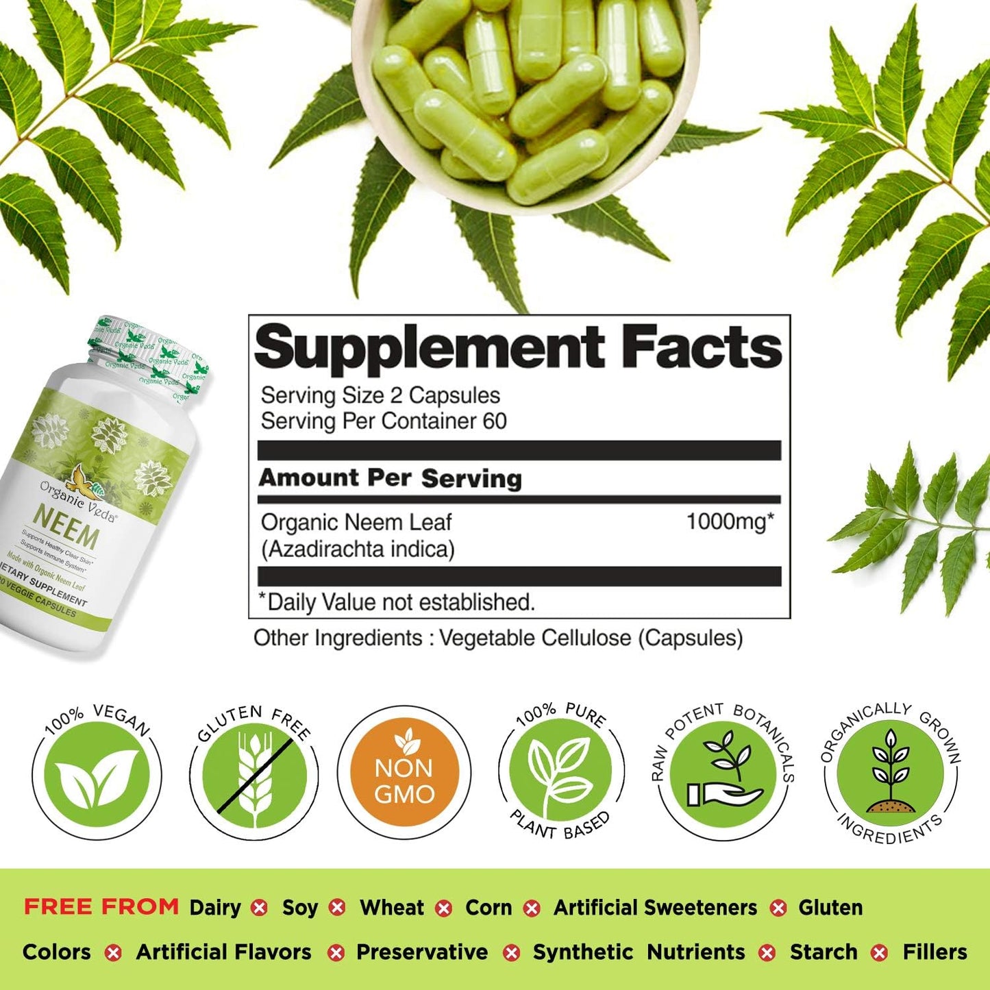 Organic Veda Neem Capsules 1000mg - Ayurvedic Herbal Supplement for Skin, Immune Support, Detox - 120 Veg Capsules