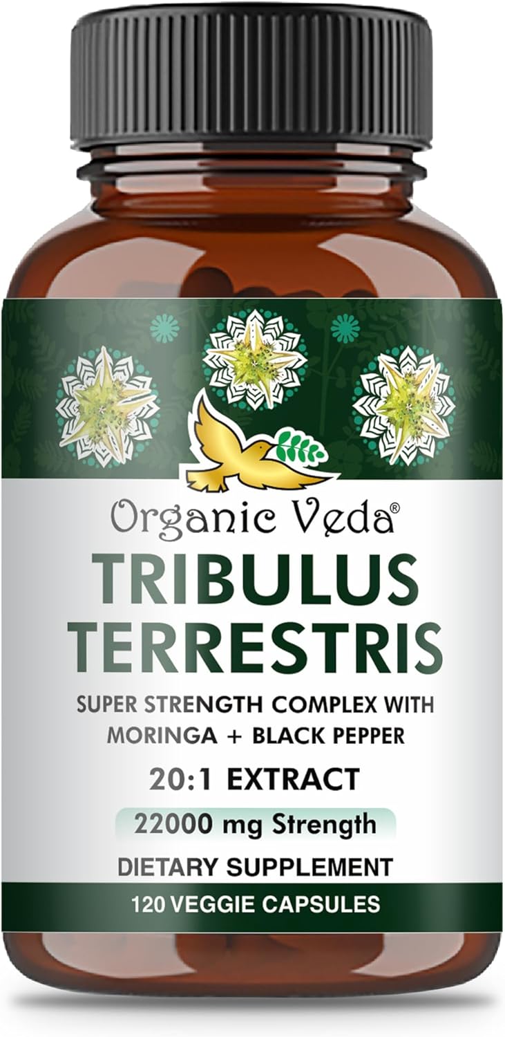 Organic Veda Tribulus Terrestris Capsules for Men - 22000mg Super Strength with Moringa & Black Pepper - Energy, Stamina, Performance - Vegan, Non-GMO - 120 Count