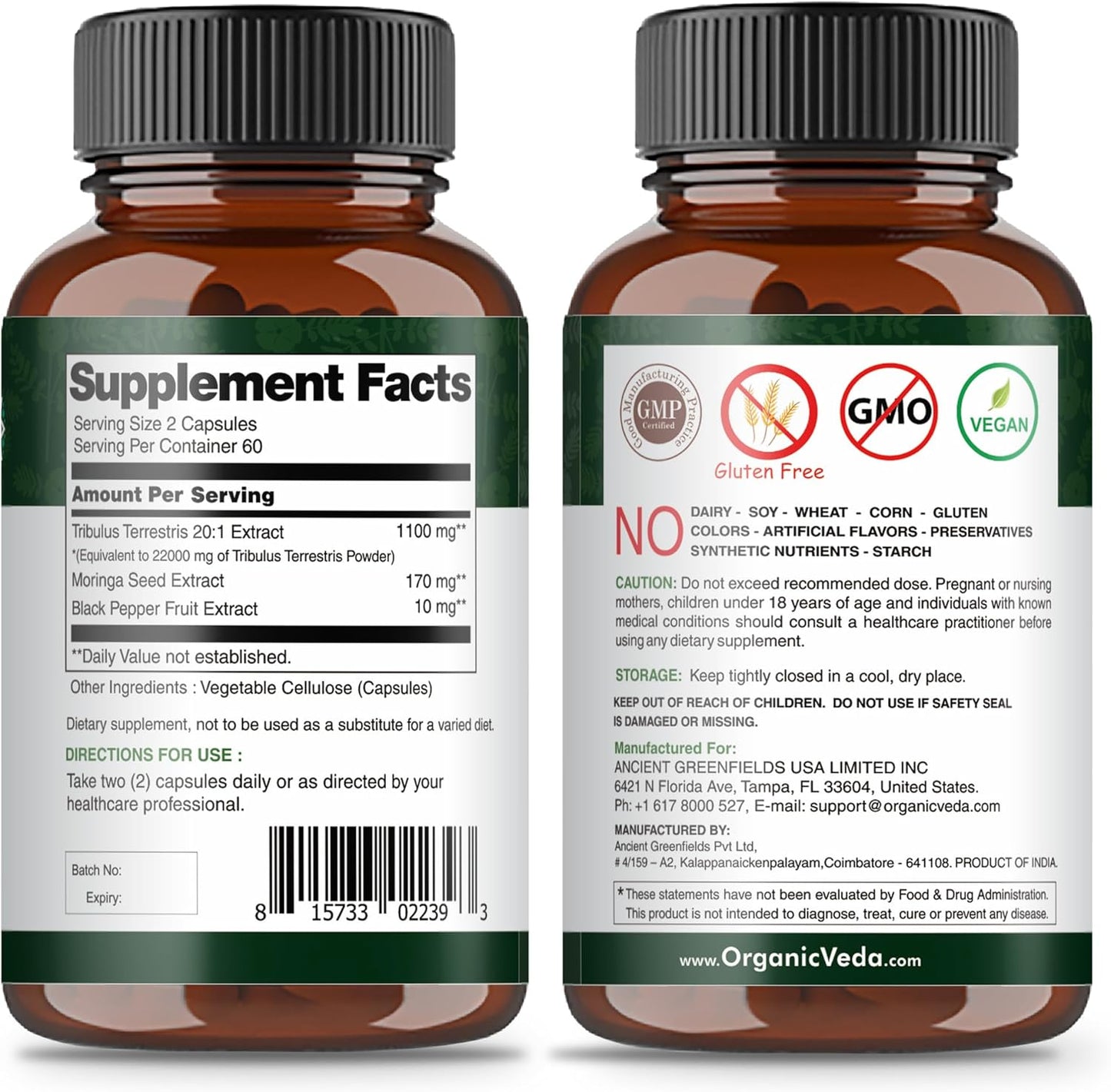 Organic Veda Tribulus Terrestris Capsules for Men - 22000mg Super Strength with Moringa & Black Pepper - Energy, Stamina, Performance - Vegan, Non-GMO - 120 Count