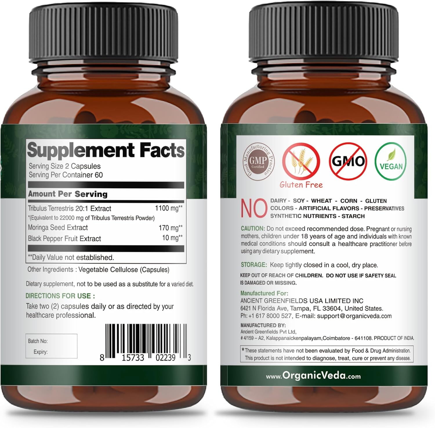 Organic Veda Tribulus Terrestris Capsules for Men - 22000mg Super Strength with Moringa & Black Pepper - Energy, Stamina, Performance - Vegan, Non-GMO - 120 Count