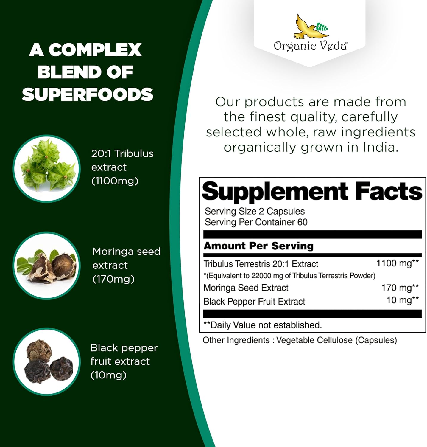 Organic Veda Tribulus Terrestris Capsules for Men - 22000mg Super Strength with Moringa & Black Pepper - Energy, Stamina, Performance - Vegan, Non-GMO - 120 Count
