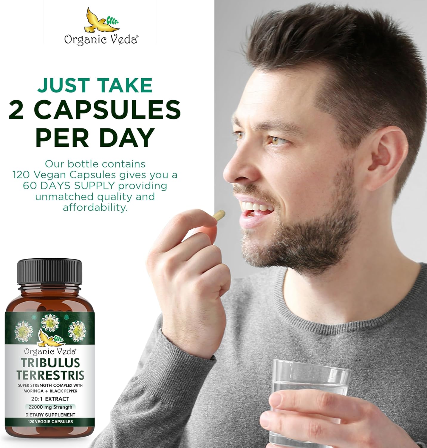 Organic Veda Tribulus Terrestris Capsules for Men - 22000mg Super Strength with Moringa & Black Pepper - Energy, Stamina, Performance - Vegan, Non-GMO - 120 Count