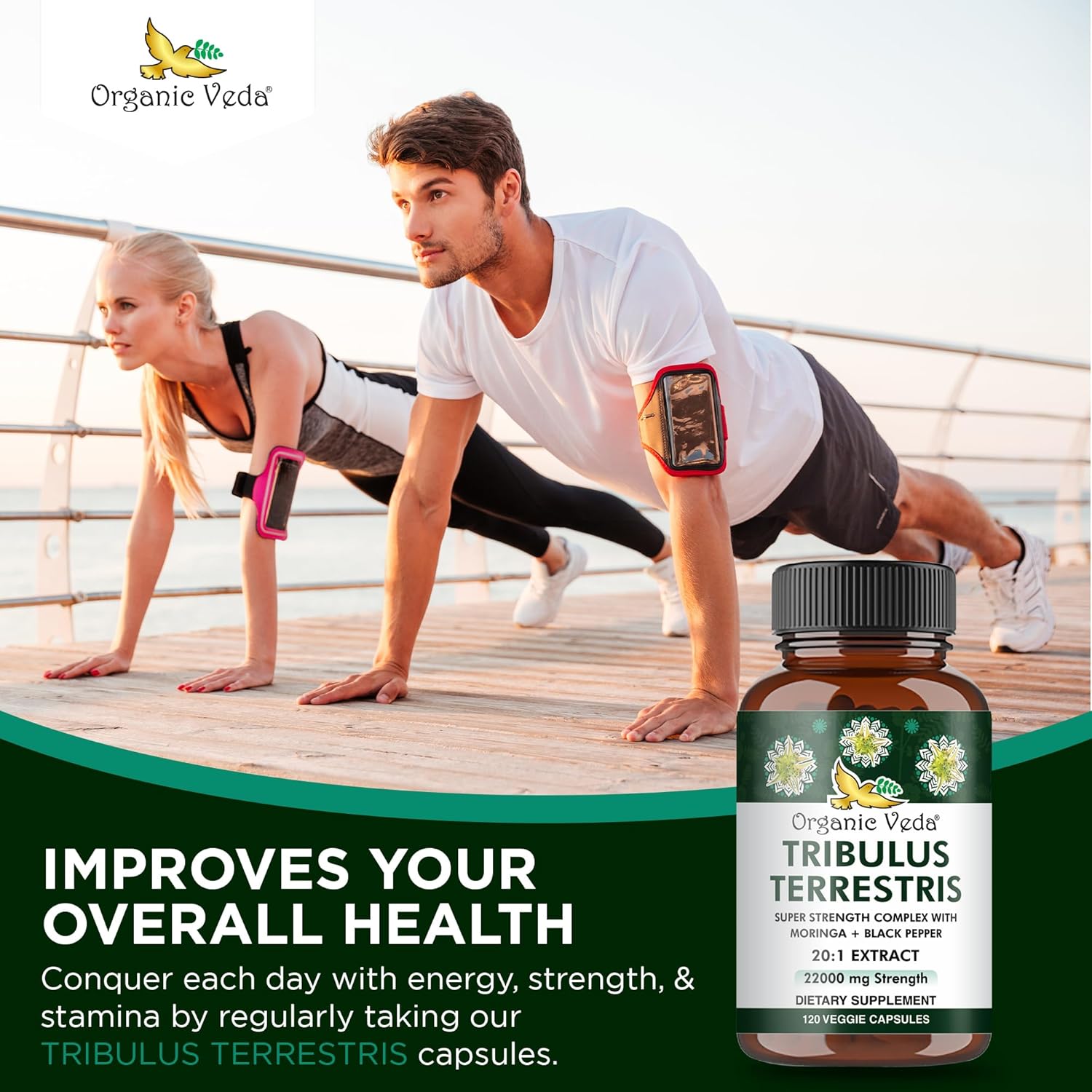 Organic Veda Tribulus Terrestris Capsules for Men - 22000mg Super Strength with Moringa & Black Pepper - Energy, Stamina, Performance - Vegan, Non-GMO - 120 Count