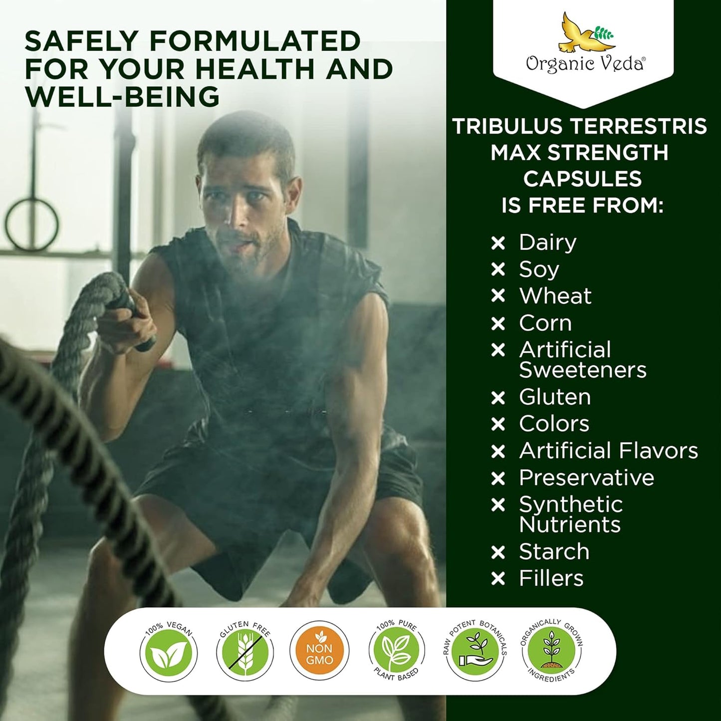 Organic Veda Tribulus Terrestris Capsules for Men - 22000mg Super Strength with Moringa & Black Pepper - Energy, Stamina, Performance - Vegan, Non-GMO - 120 Count