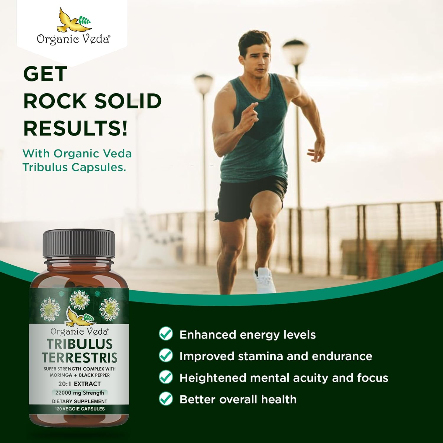 Organic Veda Tribulus Terrestris Capsules for Men - 22000mg Super Strength with Moringa & Black Pepper - Energy, Stamina, Performance - Vegan, Non-GMO - 120 Count