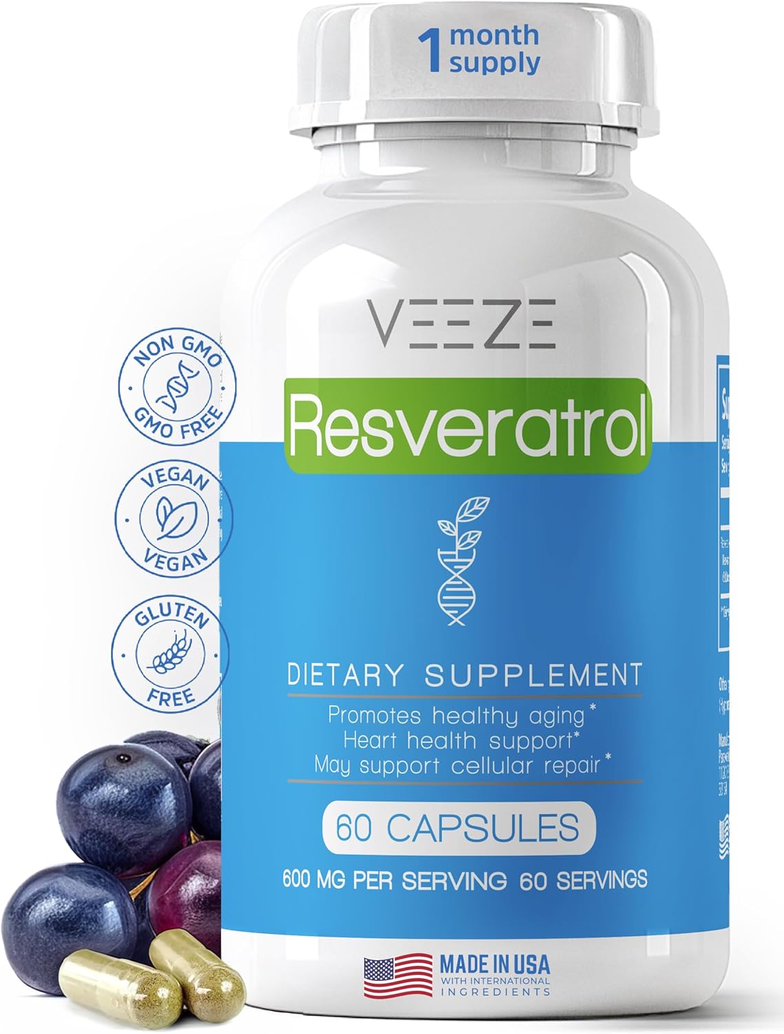 Organic VEEZE Resveratrol Supplement - 600mg Capsules, 60 Servings - USA Made, Rich in Antioxidants & Trans Resveratrol - Well-Being Support