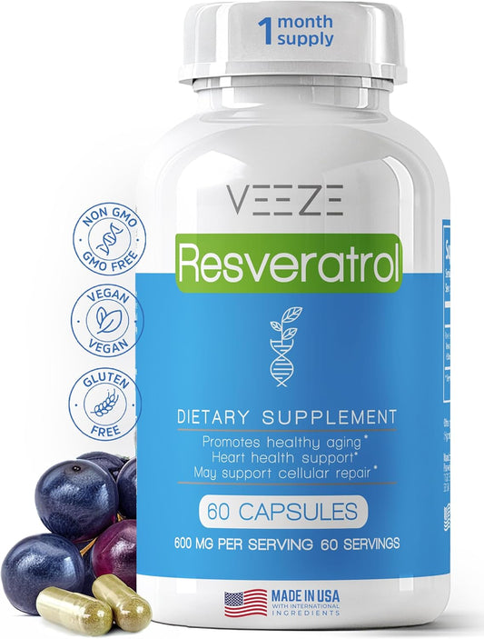 Organic VEEZE Resveratrol Supplement - 600mg Capsules, 60 Servings - USA Made, Rich in Antioxidants & Trans Resveratrol - Well-Being Support