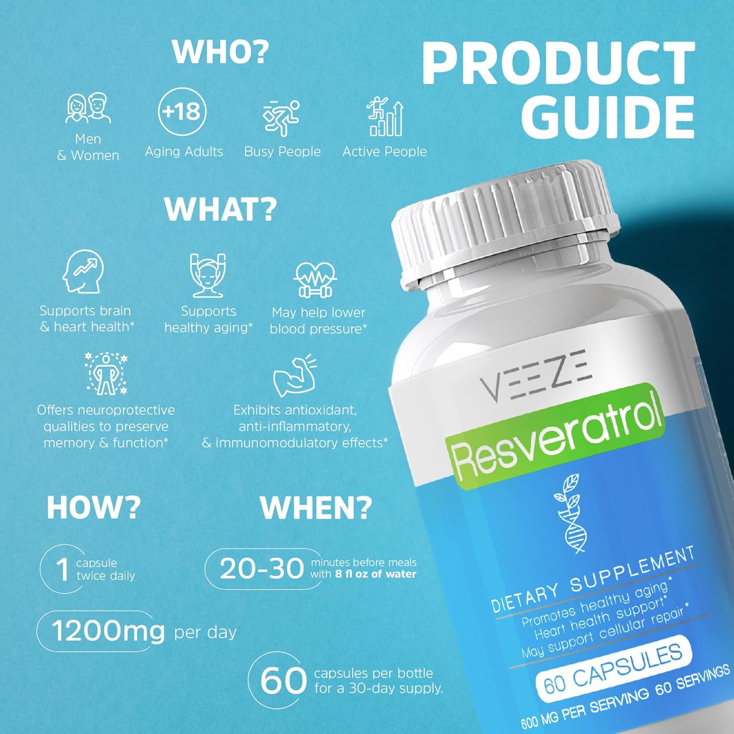 Organic VEEZE Resveratrol Supplement - 600mg Capsules, 60 Servings - USA Made, Rich in Antioxidants & Trans Resveratrol - Well-Being Support