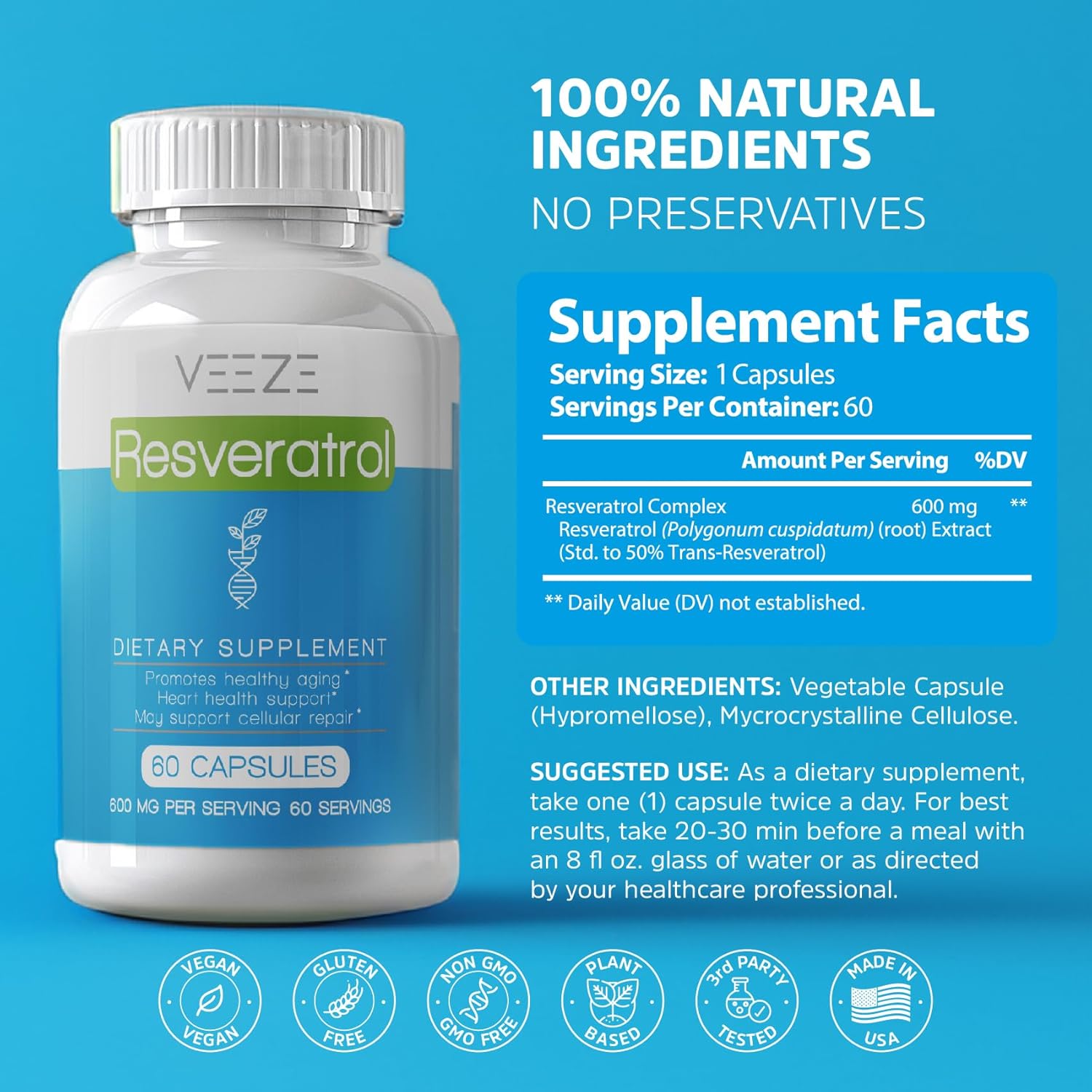 Organic VEEZE Resveratrol Supplement - 600mg Capsules, 60 Servings - USA Made, Rich in Antioxidants & Trans Resveratrol - Well-Being Support
