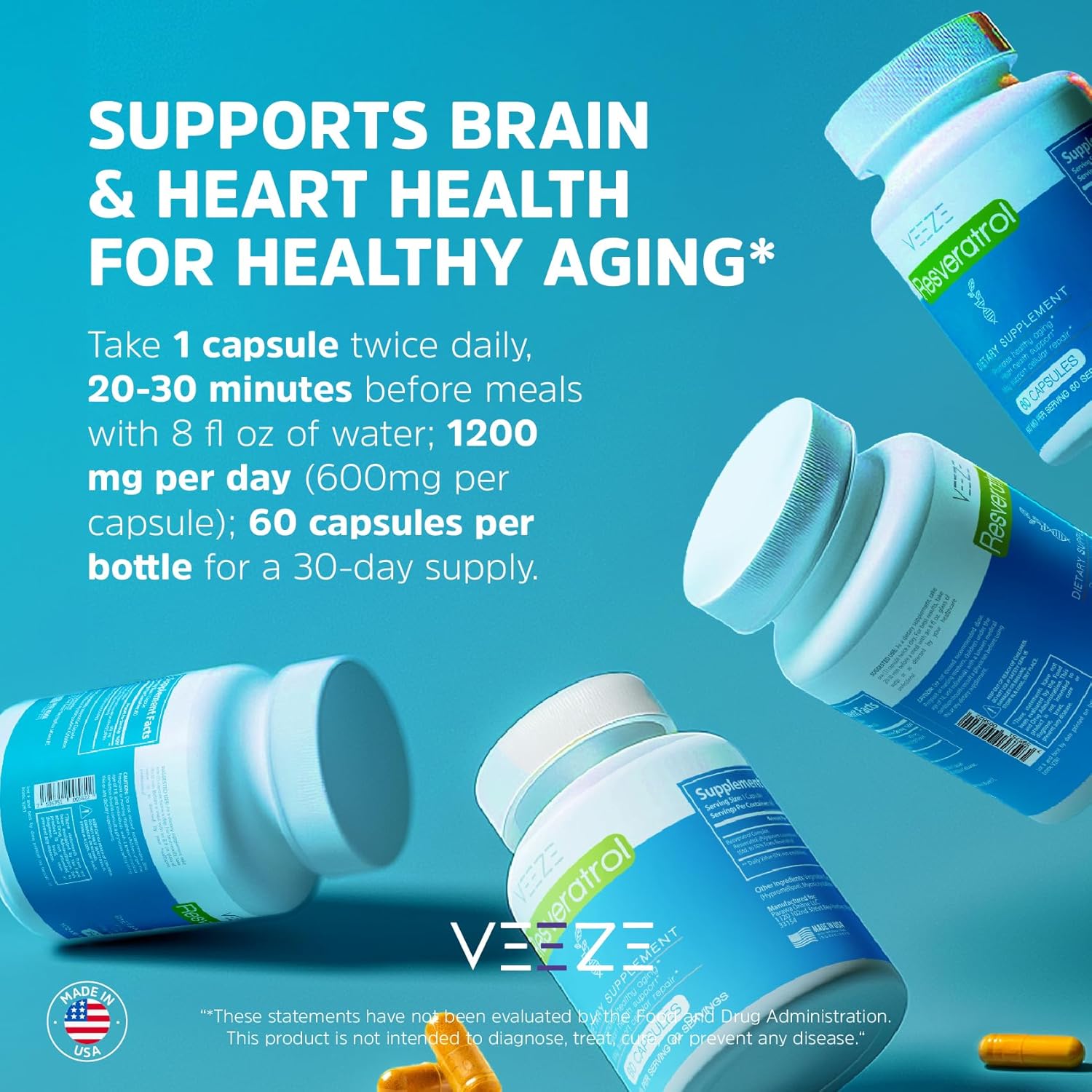 Organic VEEZE Resveratrol Supplement - 600mg Capsules, 60 Servings - USA Made, Rich in Antioxidants & Trans Resveratrol - Well-Being Support