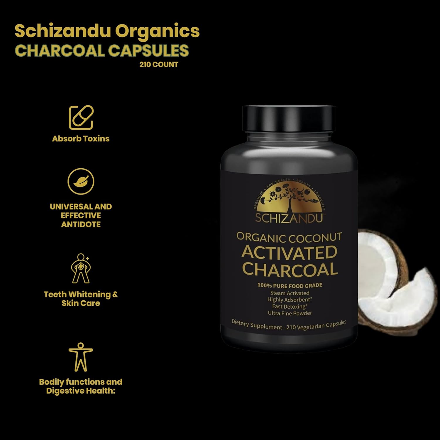 Organic Vegan Activated Coconut Charcoal Capsules 210 Count - Non-GMO, Additive-Free - Supports Health and Wellness