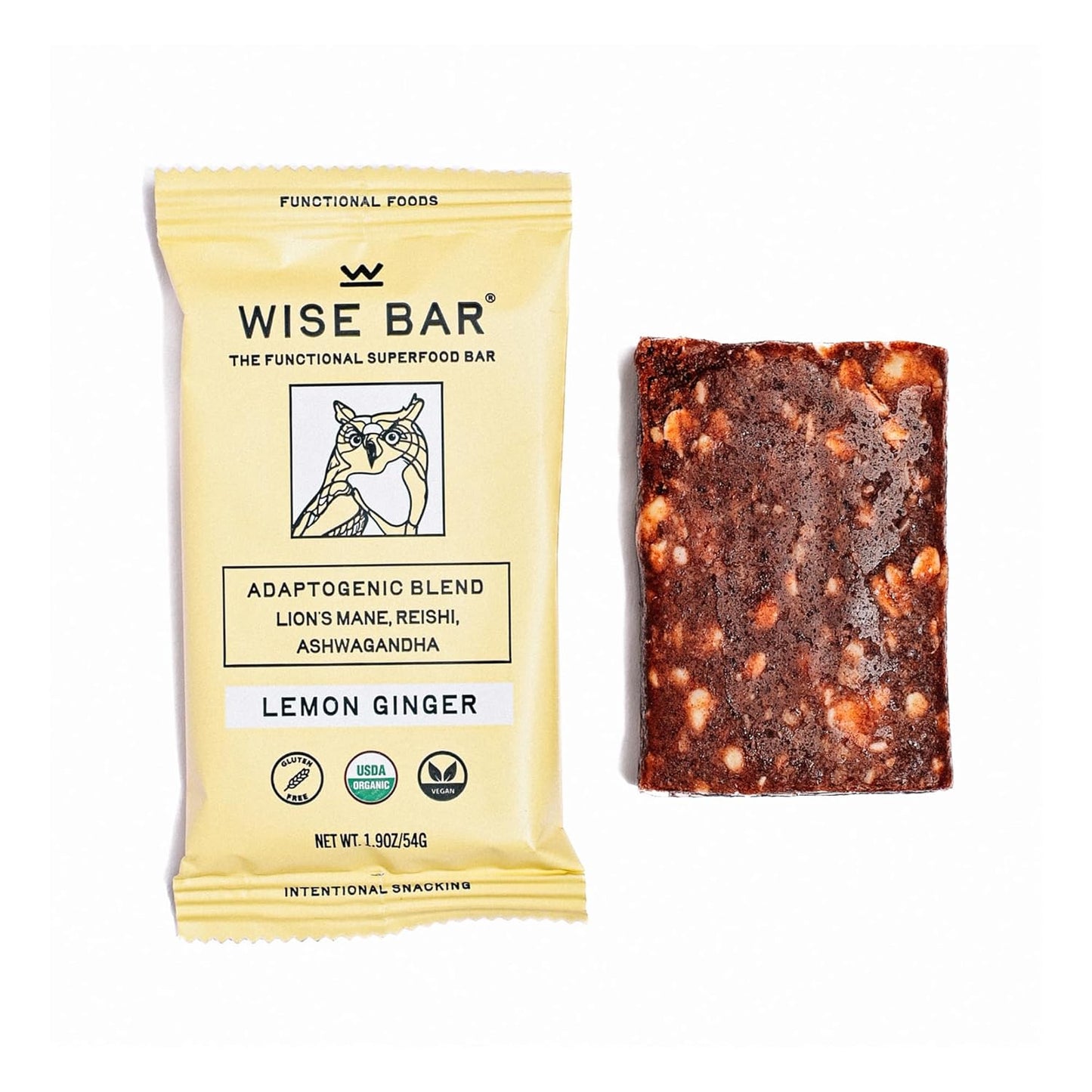 Organic Vegan Adaptogen Mushroom Bars with Reishi, Lions Mane & Ashwagandha - Lemon Ginger Flavor, 12 Pack