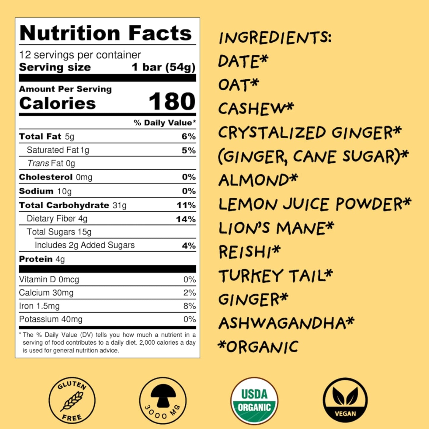 Organic Vegan Adaptogen Mushroom Bars with Reishi, Lions Mane & Ashwagandha - Lemon Ginger Flavor, 12 Pack