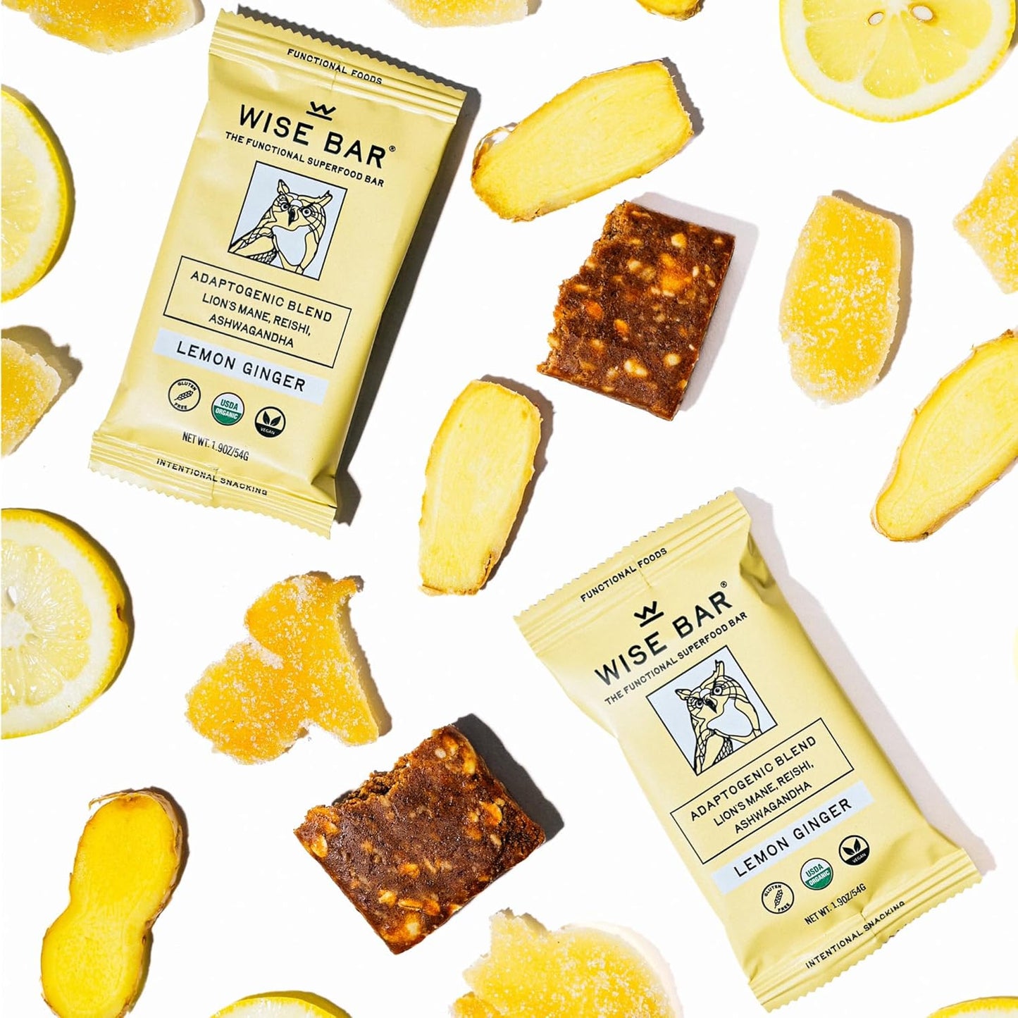 Organic Vegan Adaptogen Mushroom Bars with Reishi, Lions Mane & Ashwagandha - Lemon Ginger Flavor, 12 Pack