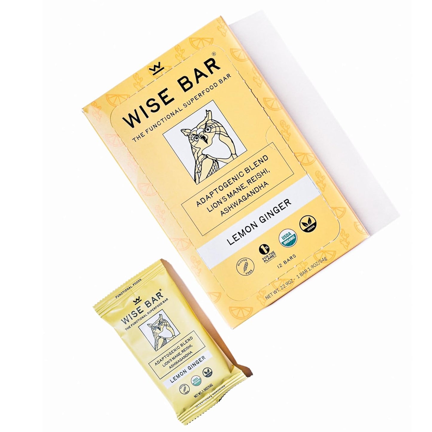 Organic Vegan Adaptogen Mushroom Bars with Reishi, Lions Mane & Ashwagandha - Lemon Ginger Flavor, 12 Pack