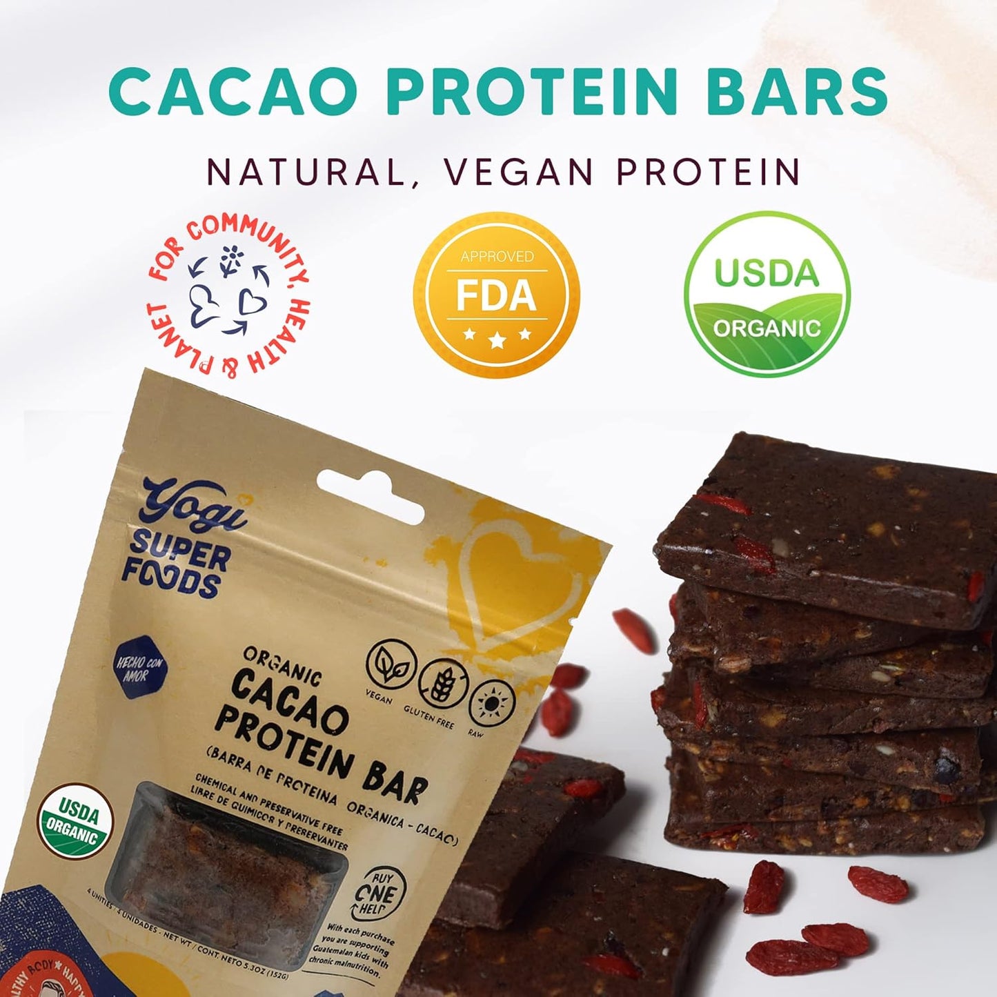 Organic Vegan Cacao Protein Bars with Plant Protein & Cocoa Nibs - Gluten Free Superfood Snack Bars for Healthy Energy - 4 Bars