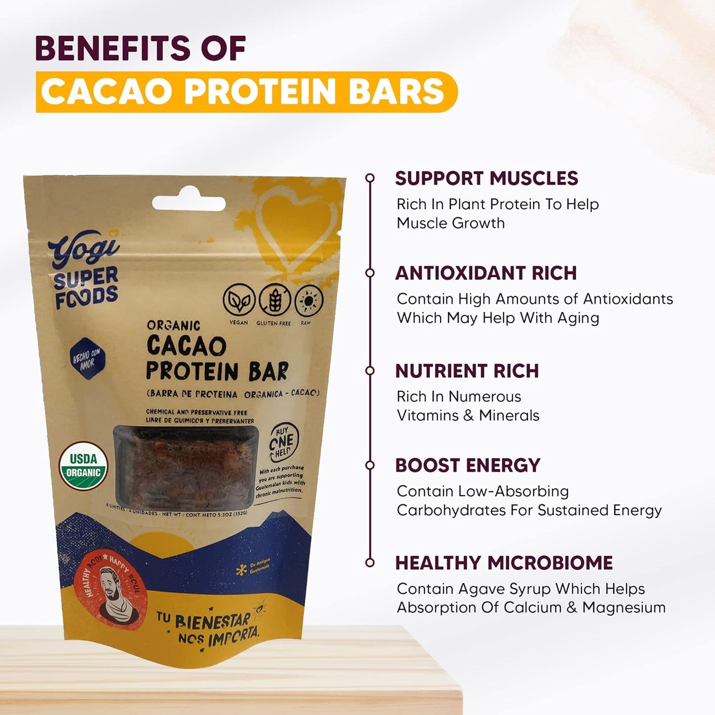 Organic Vegan Cacao Protein Bars with Plant Protein & Cocoa Nibs - Gluten Free Superfood Snack Bars for Healthy Energy - 4 Bars