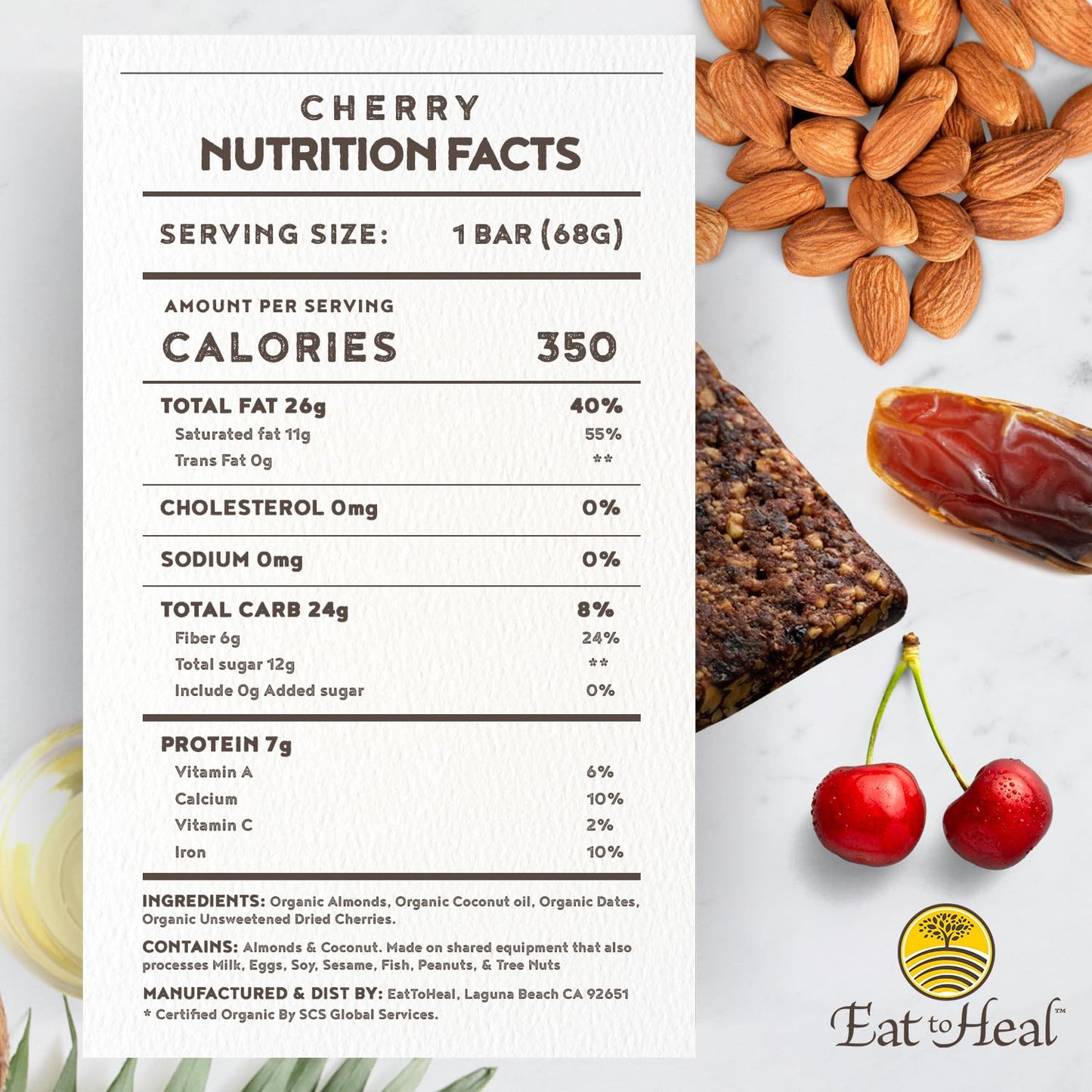 Organic Vegan Cherry Real Food Bar - Gluten Free Protein Bars, Low Sugar Meal Replacement - Non GMO Plant Based, Crafted for Enjoyment