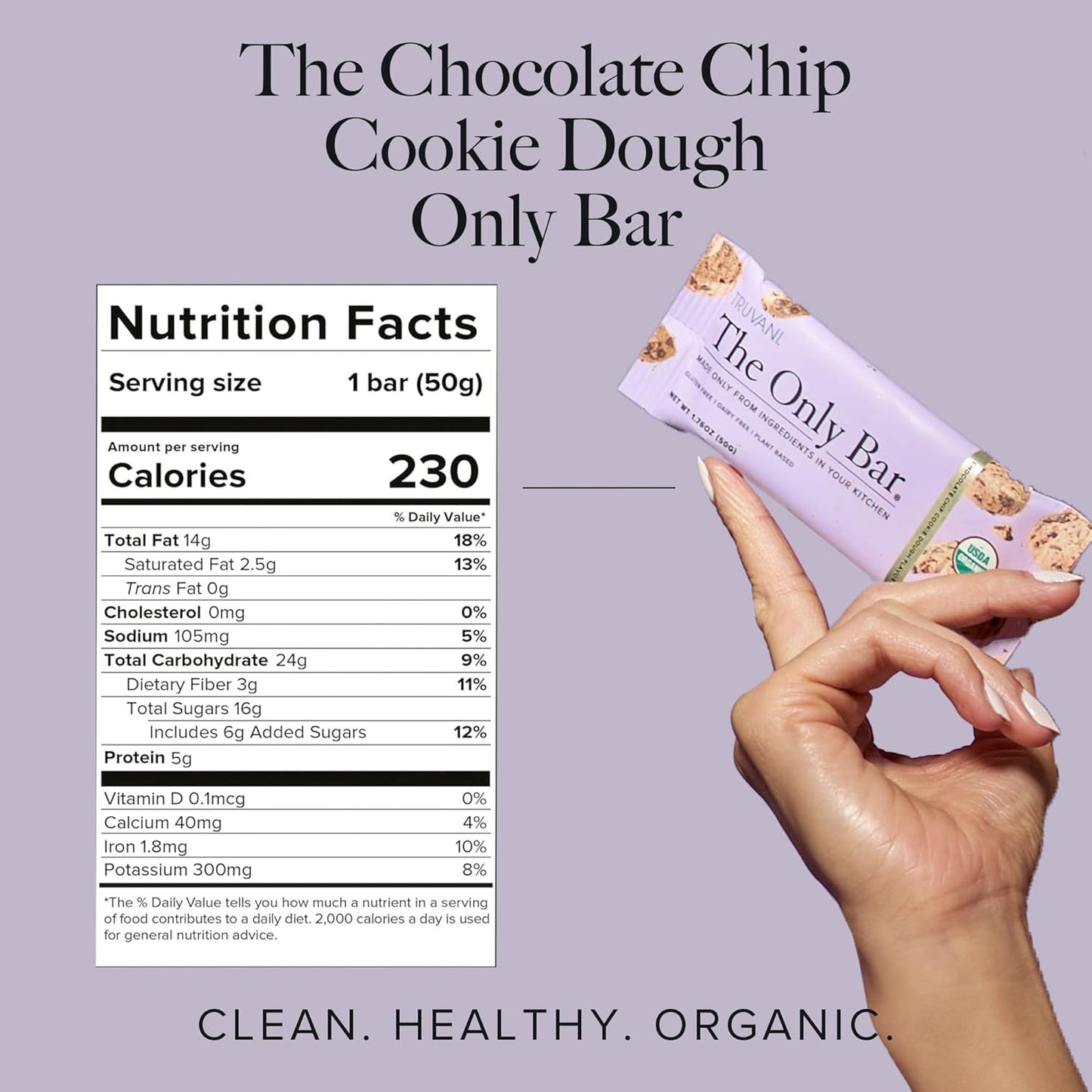 Organic Vegan Chocolate Chip Cookie Dough Snack Bars | 4 Pack | 5g Protein | Dairy, Soy, Gluten Free