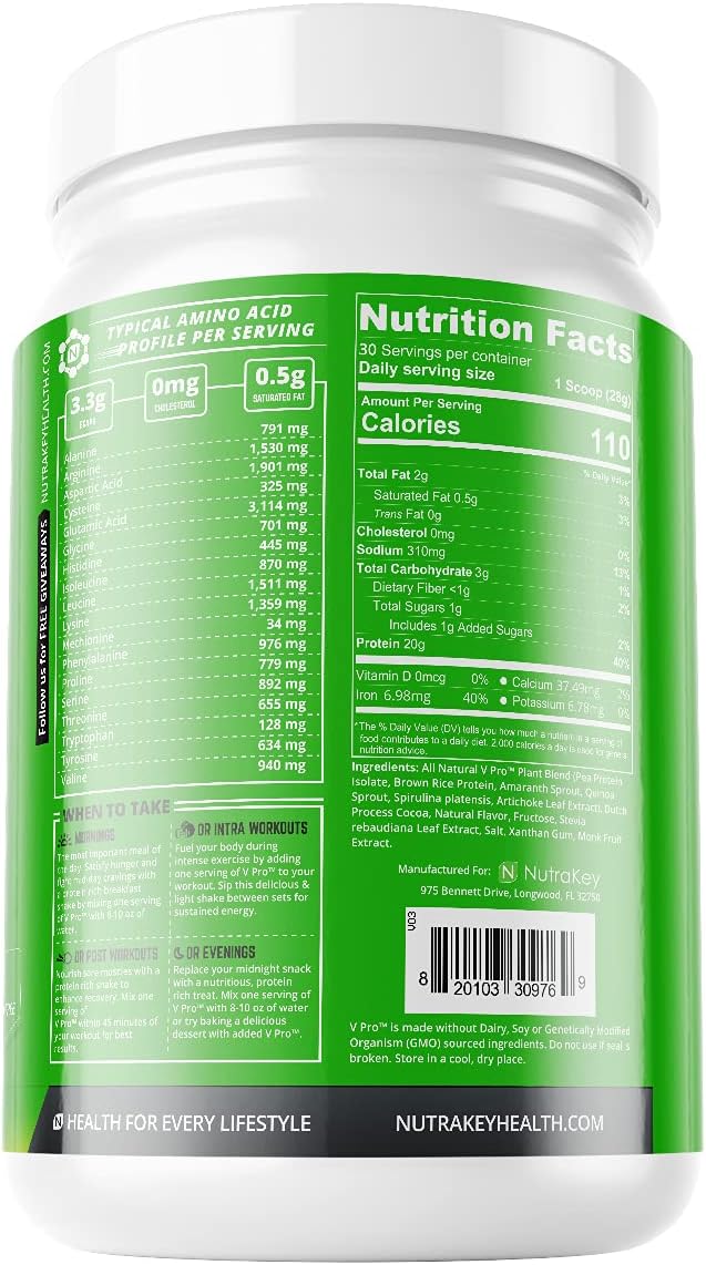 Organic Vegan Chocolate Plant Protein Powder, 20g Protein, Low Carb, Gluten-Free - NutraKey V-Pro 2lb