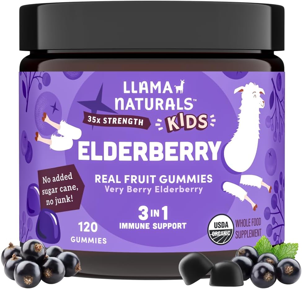 Organic Vegan Elderberry Gummies for Kids with Zinc & Vitamin C - 120 Count - Immune Support for Toddlers - No Added Sugar - Llama Naturals