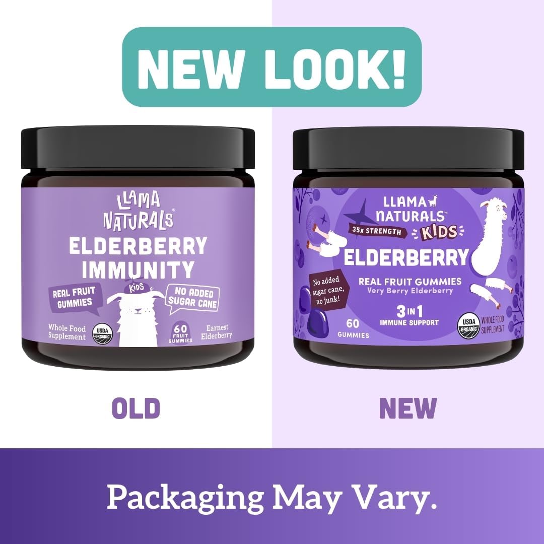 Organic Vegan Elderberry Gummies for Kids with Zinc & Vitamin C - 120 Count - Immune Support for Toddlers - No Added Sugar - Llama Naturals