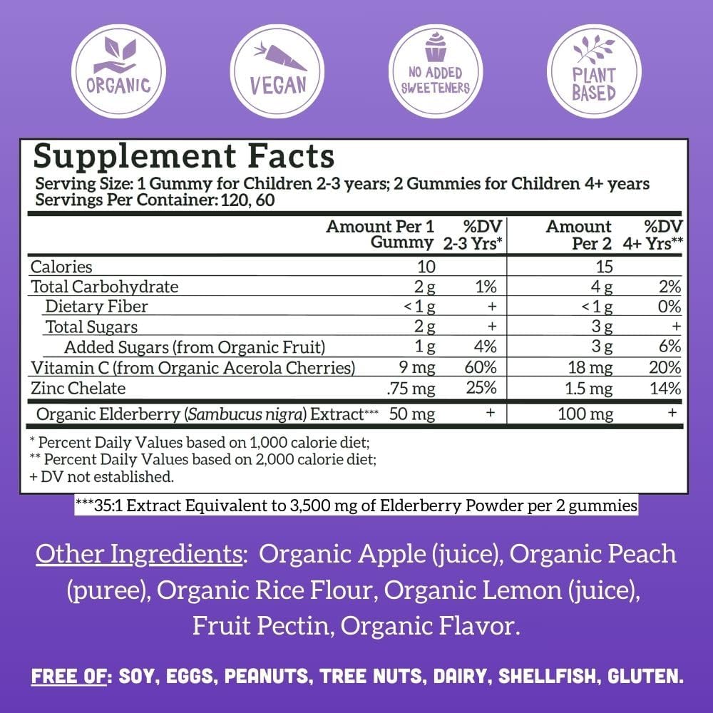 Organic Vegan Elderberry Gummies for Kids with Zinc & Vitamin C - 120 Count - Immune Support for Toddlers - No Added Sugar - Llama Naturals