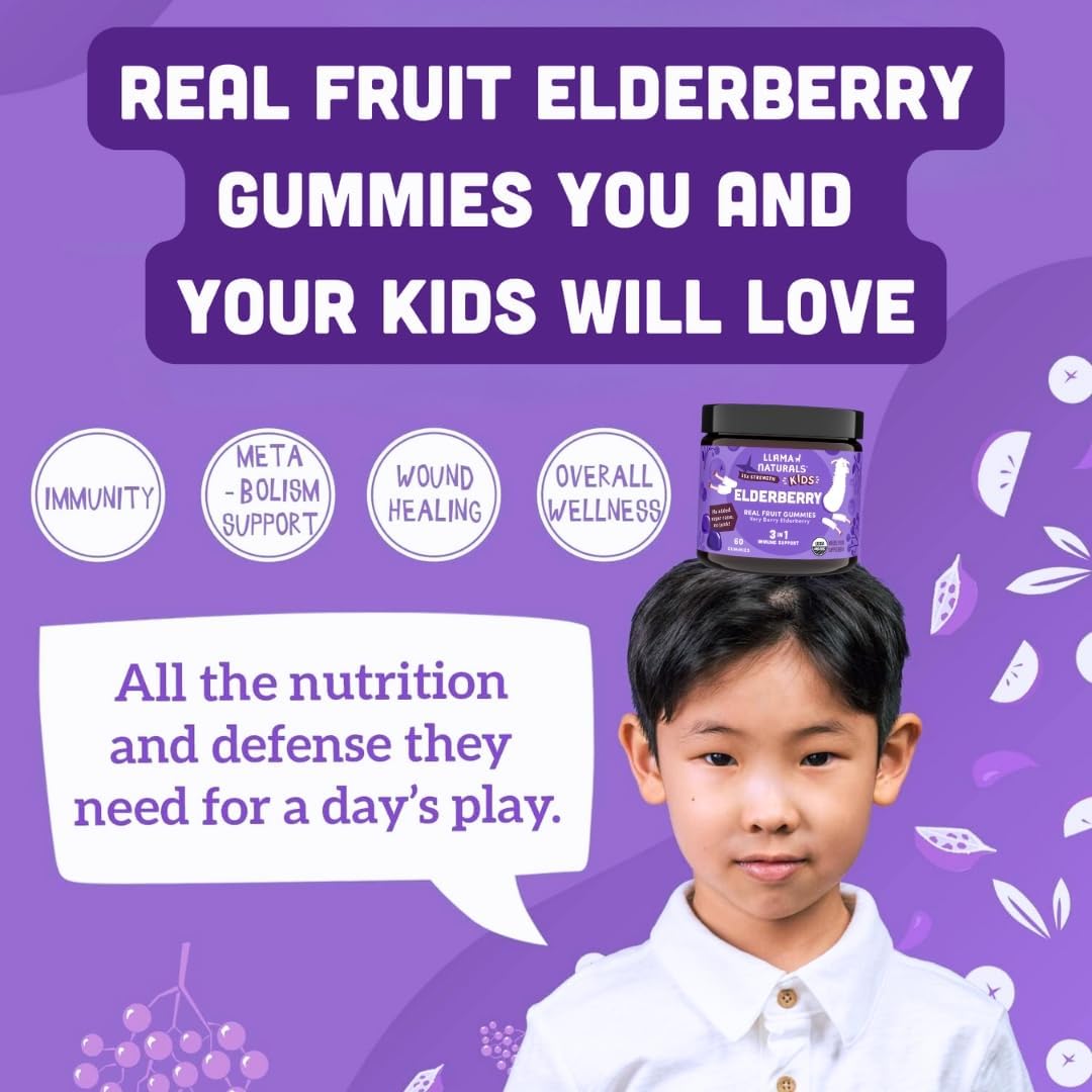 Organic Vegan Elderberry Gummies for Kids with Zinc & Vitamin C - 120 Count - Immune Support for Toddlers - No Added Sugar - Llama Naturals
