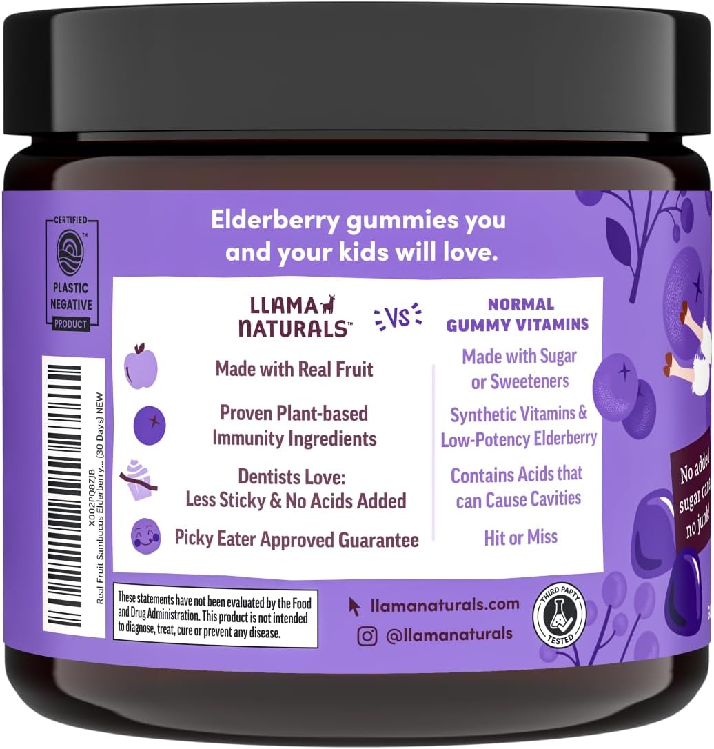 Organic Vegan Elderberry Gummies for Kids with Zinc & Vitamin C - 120 Count - Immune Support for Toddlers - No Added Sugar - Llama Naturals