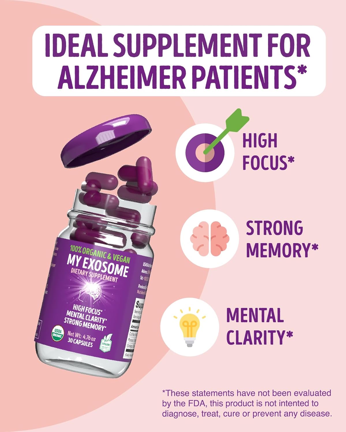 Organic Vegan Exosome Smart Supplement for Memory & Focus - Cognitive Performance Boost with Coffee, Ginkgo Biloba, Ginseng