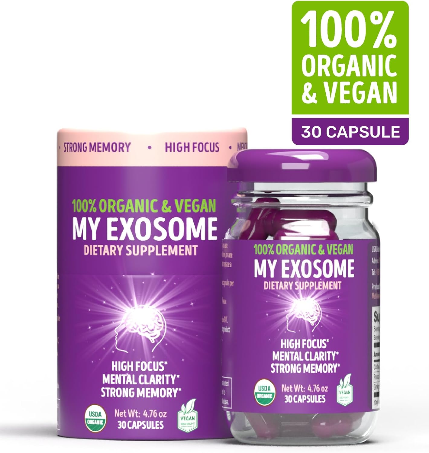 Organic Vegan Exosome Smart Supplement for Memory & Focus - Cognitive Performance Boost with Coffee, Ginkgo Biloba, Ginseng