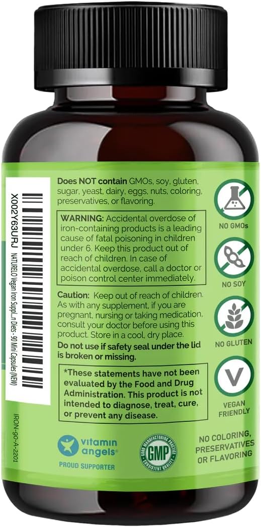 Organic Vegan Iron Supplement with Vitamin C and Whole Foods - Gentle Iron Pills for Women & Men with Pregnancy, Anemia Diets - 90 Mini Capsules