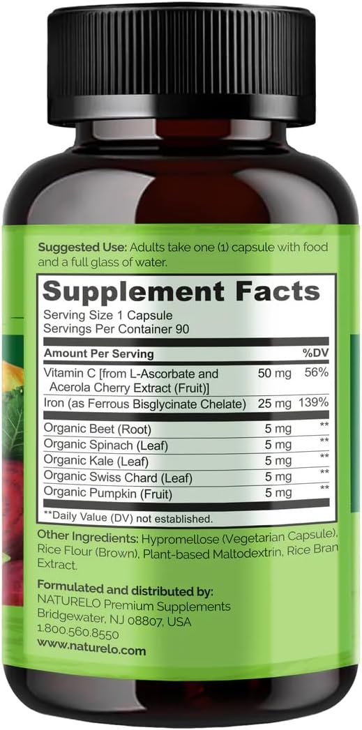 Organic Vegan Iron Supplement with Vitamin C and Whole Foods - Gentle Iron Pills for Women & Men with Pregnancy, Anemia Diets - 90 Mini Capsules