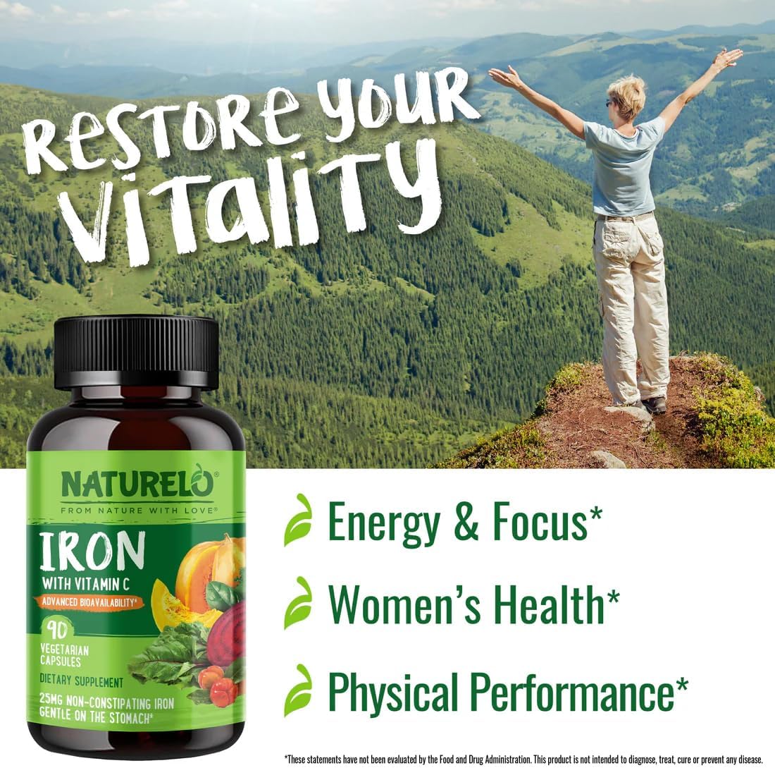 Organic Vegan Iron Supplement with Vitamin C and Whole Foods - Gentle Iron Pills for Women & Men with Pregnancy, Anemia Diets - 90 Mini Capsules