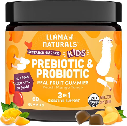 Organic Vegan Kids Gummies with Prebiotics & Probiotics for Digestion | No Added Sugar | Peach Mango Flavor | 60 ct, 30-60 Day Supply