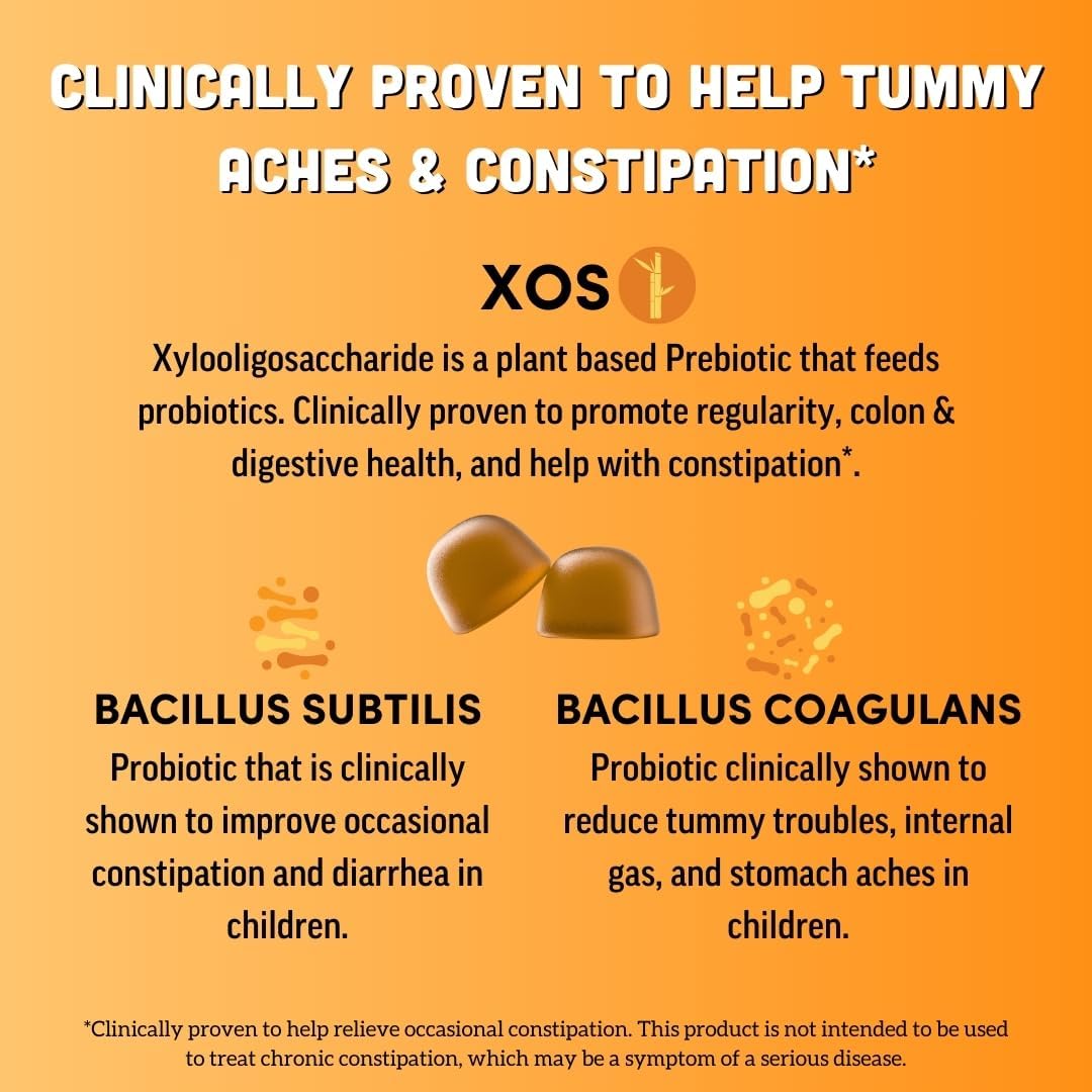 Organic Vegan Kids Gummies with Prebiotics & Probiotics for Digestion | No Added Sugar | Peach Mango Flavor | 60 ct, 30-60 Day Supply