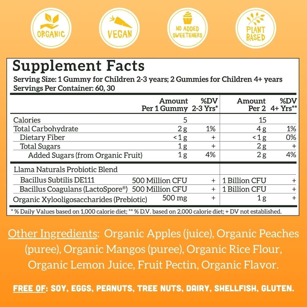 Organic Vegan Kids Gummies with Prebiotics & Probiotics for Digestion | No Added Sugar | Peach Mango Flavor | 60 ct, 30-60 Day Supply