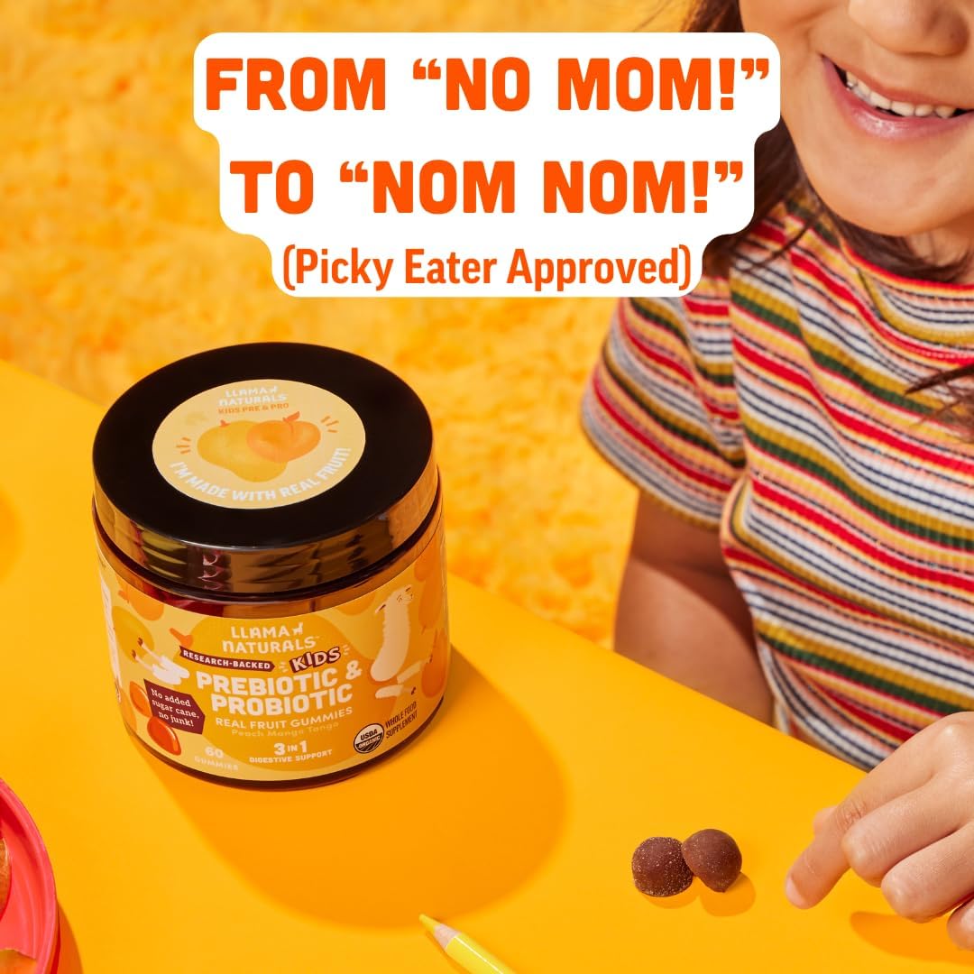 Organic Vegan Kids Gummies with Prebiotics & Probiotics for Digestion | No Added Sugar | Peach Mango Flavor | 60 ct, 30-60 Day Supply