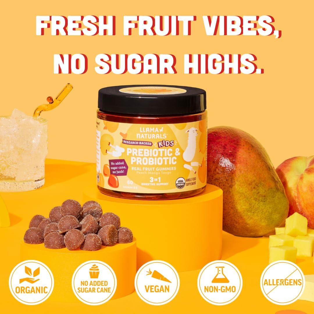 Organic Vegan Kids Gummies with Prebiotics & Probiotics for Digestion | No Added Sugar | Peach Mango Flavor | 60 ct, 30-60 Day Supply