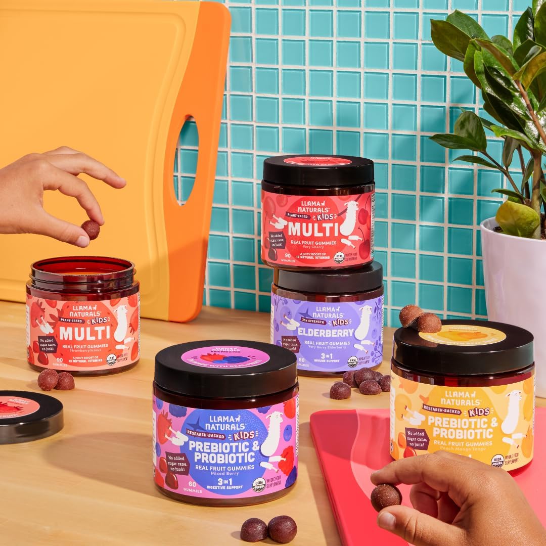 Organic Vegan Kids Gummies with Prebiotics & Probiotics for Digestion | No Added Sugar | Peach Mango Flavor | 60 ct, 30-60 Day Supply