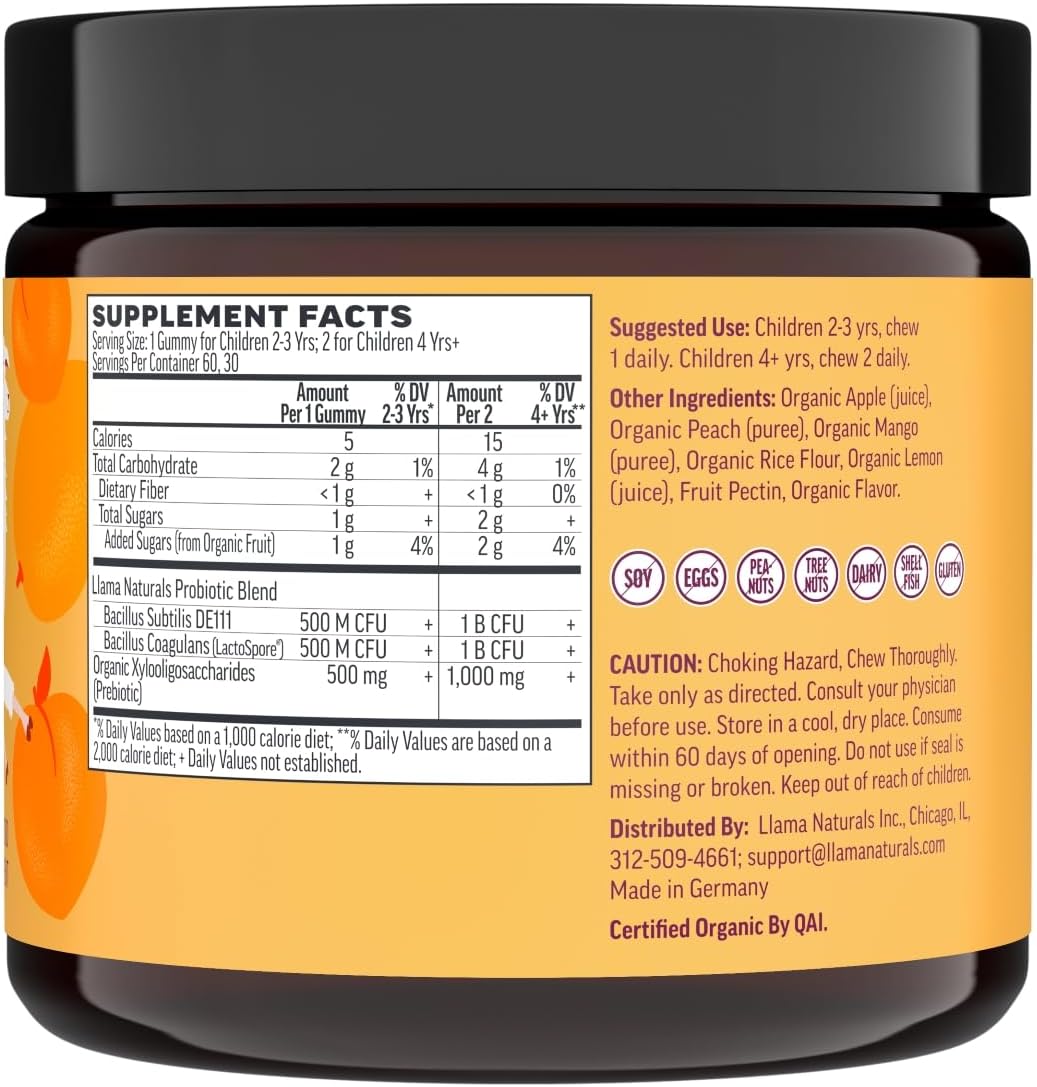 Organic Vegan Kids Gummies with Prebiotics & Probiotics for Digestion | No Added Sugar | Peach Mango Flavor | 60 ct, 30-60 Day Supply