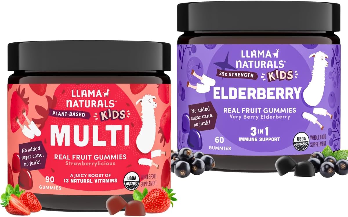 Organic Vegan Kids Gummy Vitamins with Elderberry & Real Fruit | No Sugar Added | Whole Food Multivitamin for Toddler Support