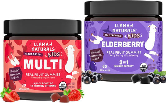Organic Vegan Kids Gummy Vitamins with Elderberry & Real Fruit | No Sugar Added | Whole Food Multivitamin for Toddler Support